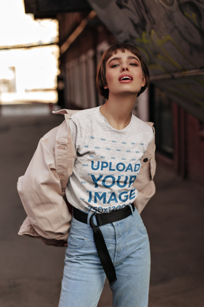 Placeit Heathered T Shirt Mockup Featuring A Brunette Short Haired