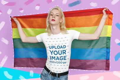 Placeit Round Neck Tee Mockup Of A Trans Model Holding A Gay Pride Flag