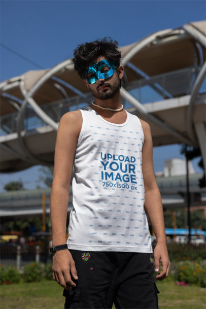 Placeit Tank Top Mockup Of A Man Wearing A Mask And A Pearl Necklace For Gay Pride Month