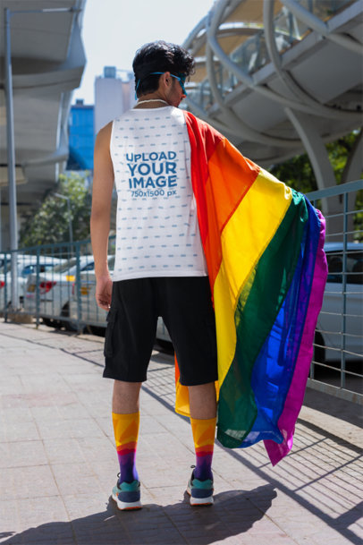 Placeit Back View Tank Top Mockup Of A Man Carrying A Rainbow Flag For Gay Pride Month