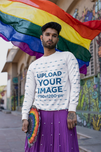 Placeit Sweatshirt Mockup Of A Man Holding A Rainbow Hand Fan To Celebrate Gay Pride Month