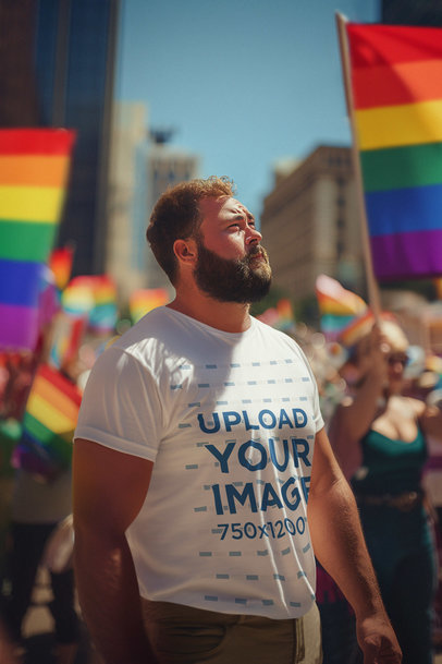 Placeit Mockup Of A Bearded Man Wearing A Round Neck T Shirt At A Gay Pride March