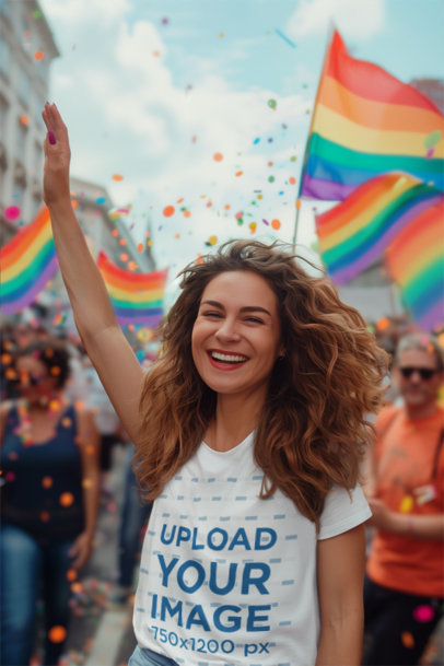 Placeit Ai Created T Shirt Mockup Of A Happy Woman Celebrating Gay Pride Month At A Parade