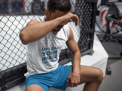 Fitness Mockup of an MMA Fighter Sweating After Training at the Gym Wearing Custom Sportswear