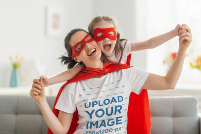 Placeit T Shirt Mockup of a Mom and Daughter Wearing Hero Capes and Masks