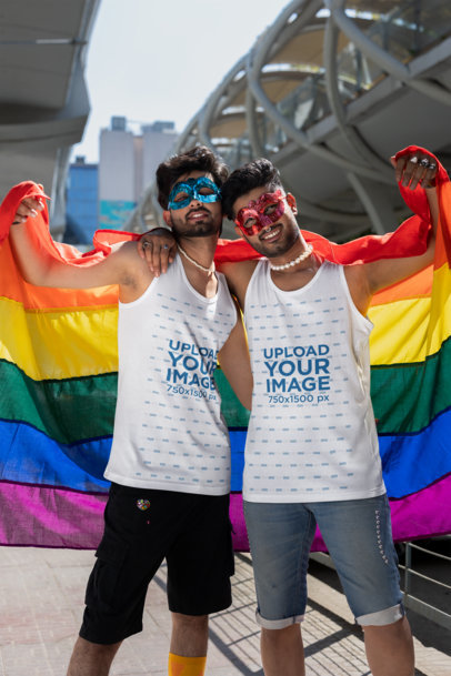 Placeit - Tank Top Mockup Featuring a Gay Couple Celebrating Pride