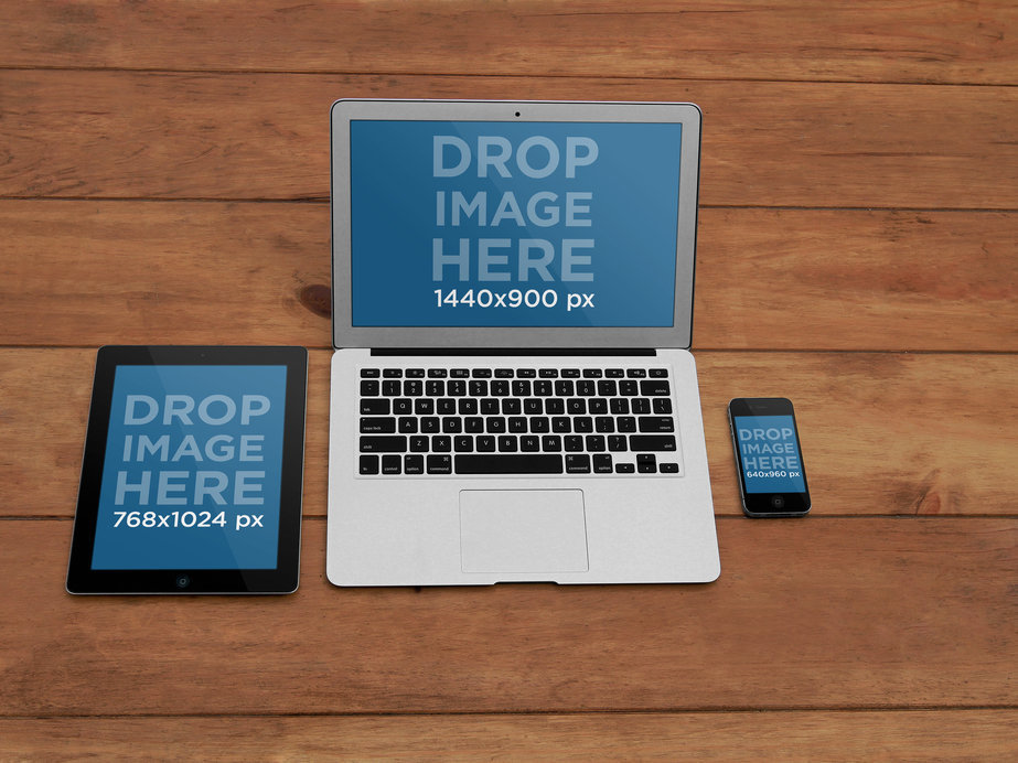 Placeit - Mockup of an iPad, MacBook, and iPhone on a Wooden Table