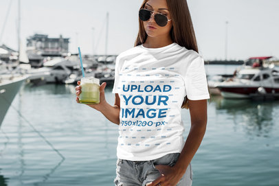 T-Shirt Mockup Featuring a Woman Drinking a Smoothie 2263-el1