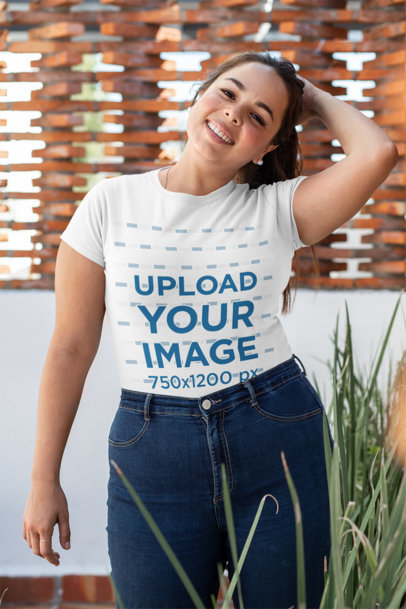 Download Placeit Plus Size T Shirt Mockup Of A Happy Woman In Her Patio