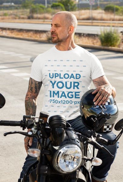 T-Shirt Mockup Featuring a Man on His Motorcycle 31784