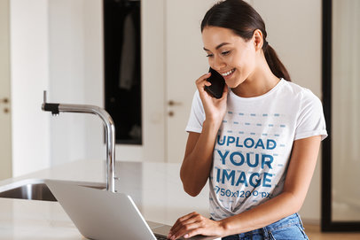 Tee Mockup of a Young Woman Working from Home 34520-r-el2