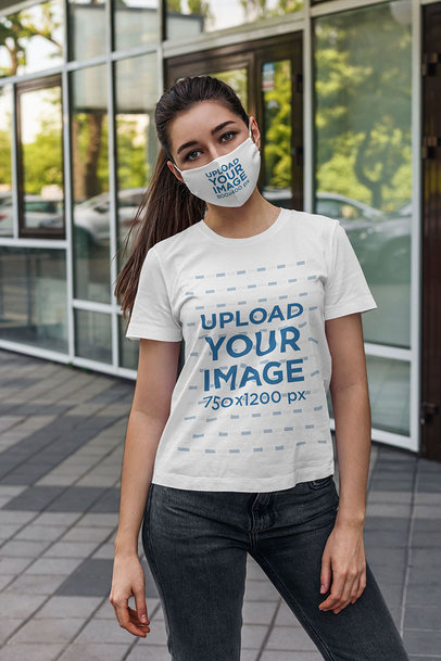T-Shirt Mockup of a Woman Wearing a Face Mask on the Street 4553-el1