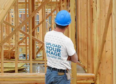 Download Placeit Back View Mockup Of A Man Wearing A Heather T Shirt At A Construction Site