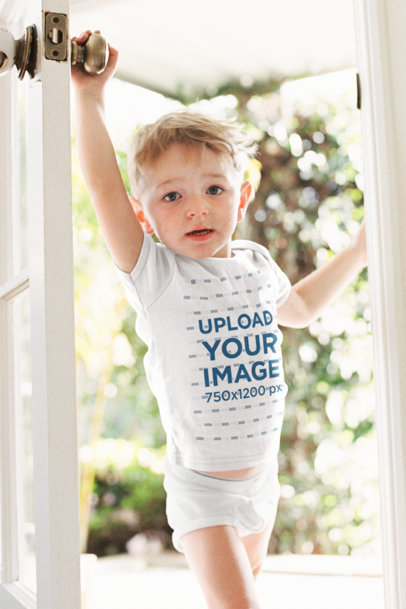 Download Placeit T Shirt Mockup Featuring A Little Boy By The Front Door